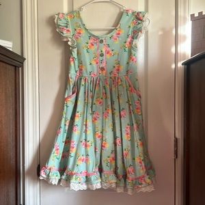 perfect Easter dress blue with colorful flowers, flowing and stretchy! makena ln